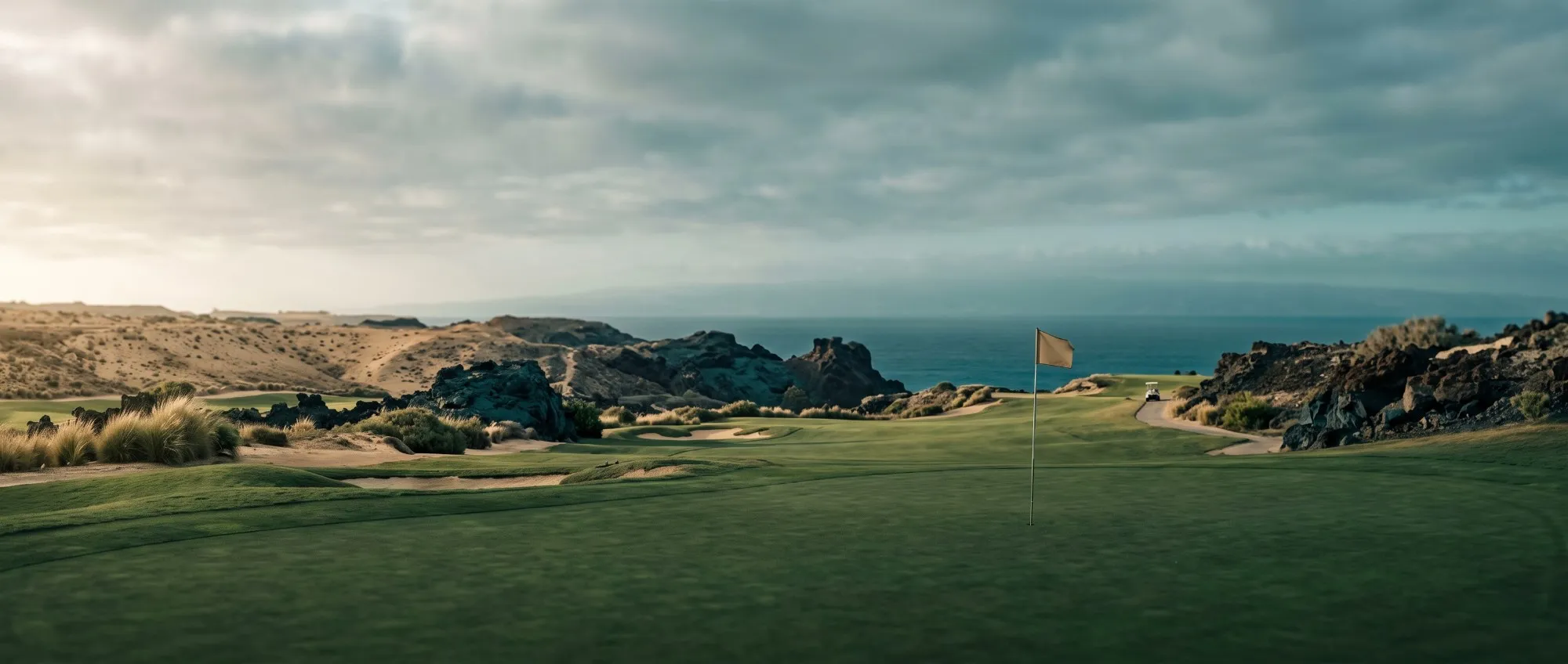Green de un campo de golf canario con bandera, roca volcánica y el Atlántico al fondo