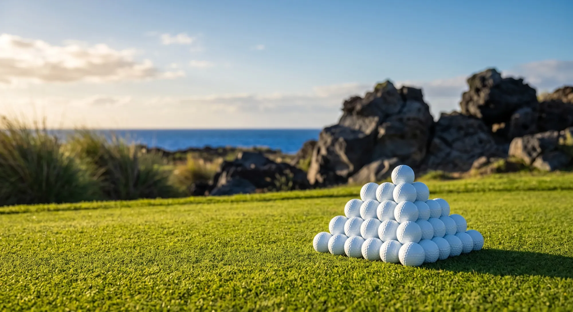 Pirámide de bolas de golf sobre el césped de un campo canario, con roca volcánica y el Atlántico al fondo