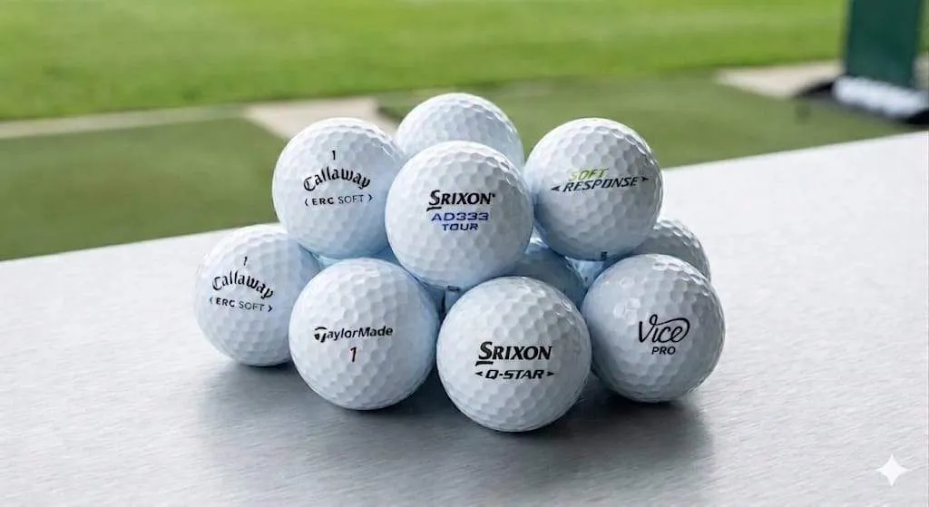Bolas Callaway ERC Soft, Srixon AD333 Tour y Q-Star, TaylorMade Soft Response y Vice Pro sobre una mesa de acero