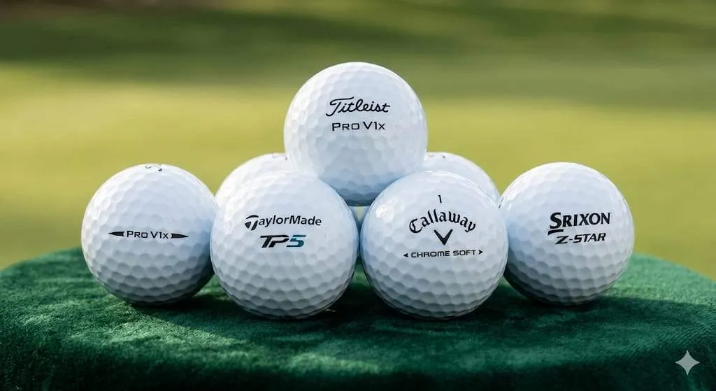 Bolas Titleist Pro V1x, TaylorMade TP5, Callaway Chrome Soft y Srixon Z-Star sobre un pedestal de fieltro verde