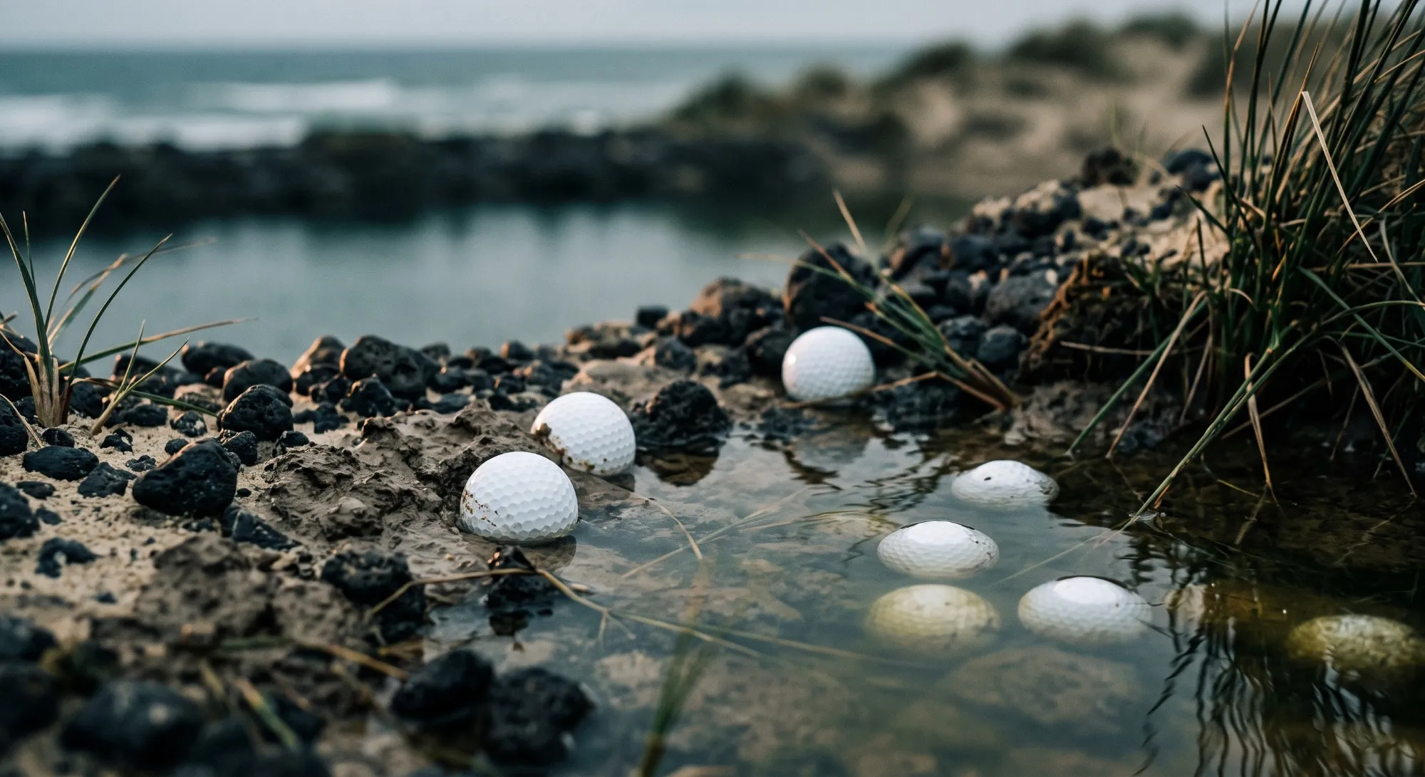 Bolas de golf recogidas del fondo de un obstáculo de agua en un campo canario