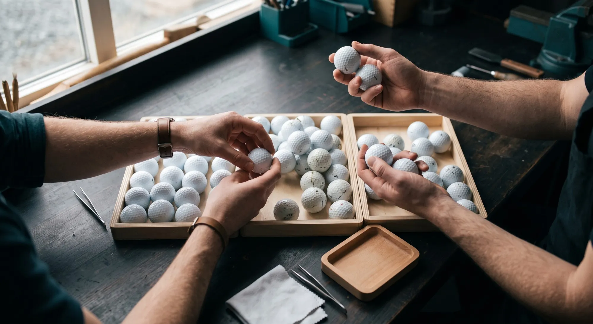 Manos clasificando bolas de golf por grado sobre una mesa de trabajo